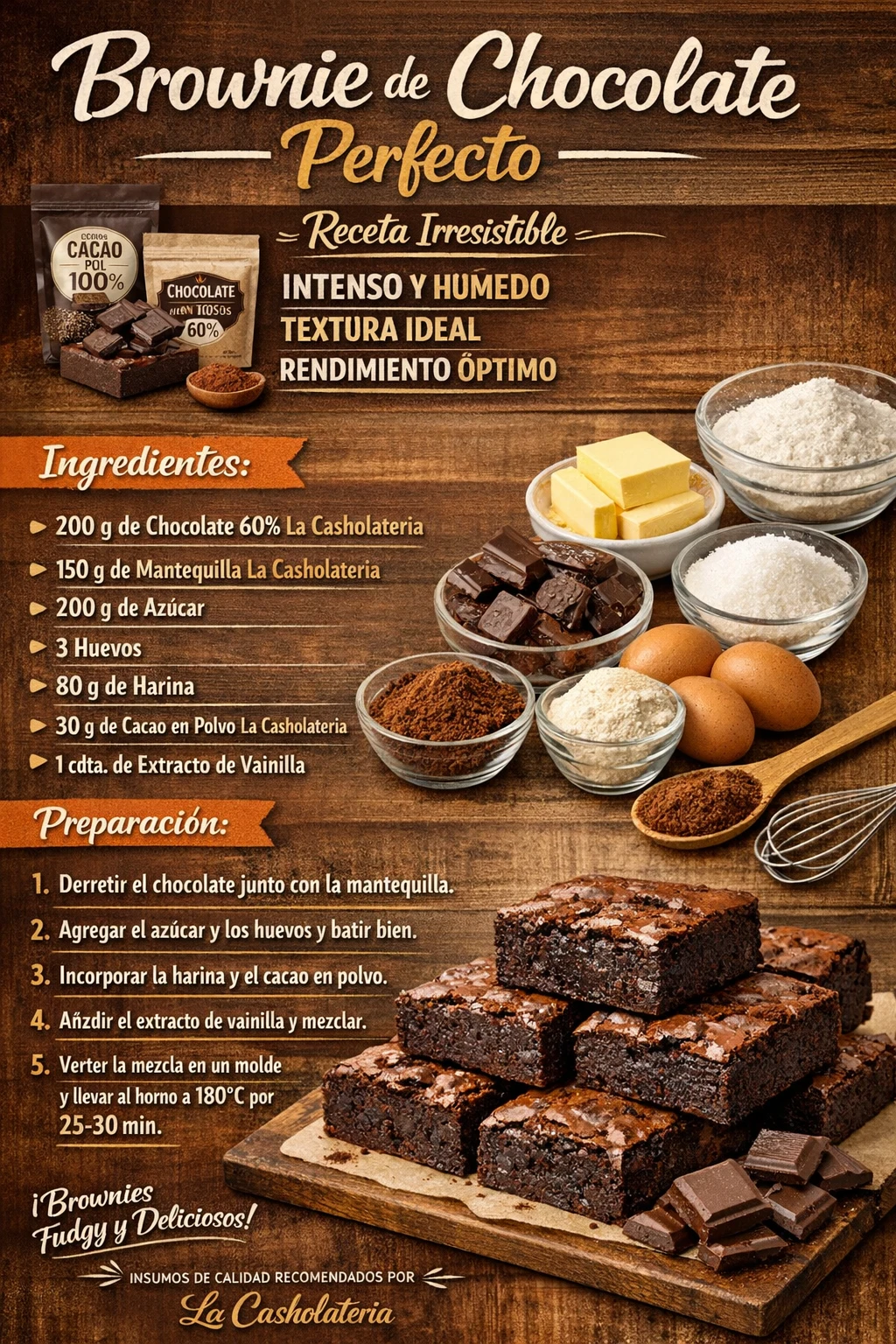 Brownie de chocolate casero preparado con insumos recomendados por La Casholateria